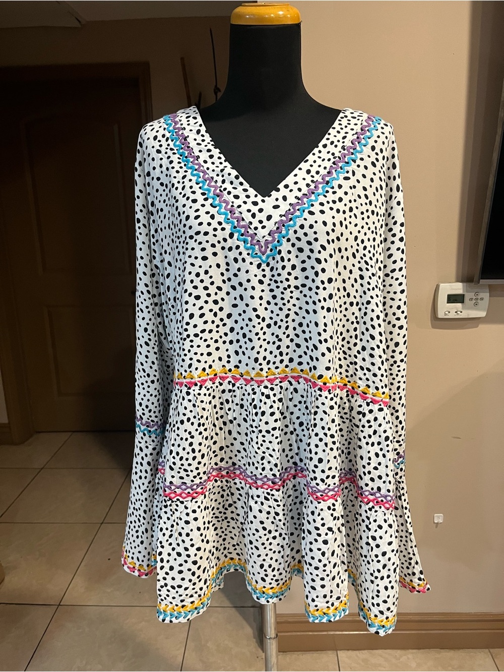 Savanna Jane White Polka Dot V-Neck Peplum Tunic with Multicolor Trim